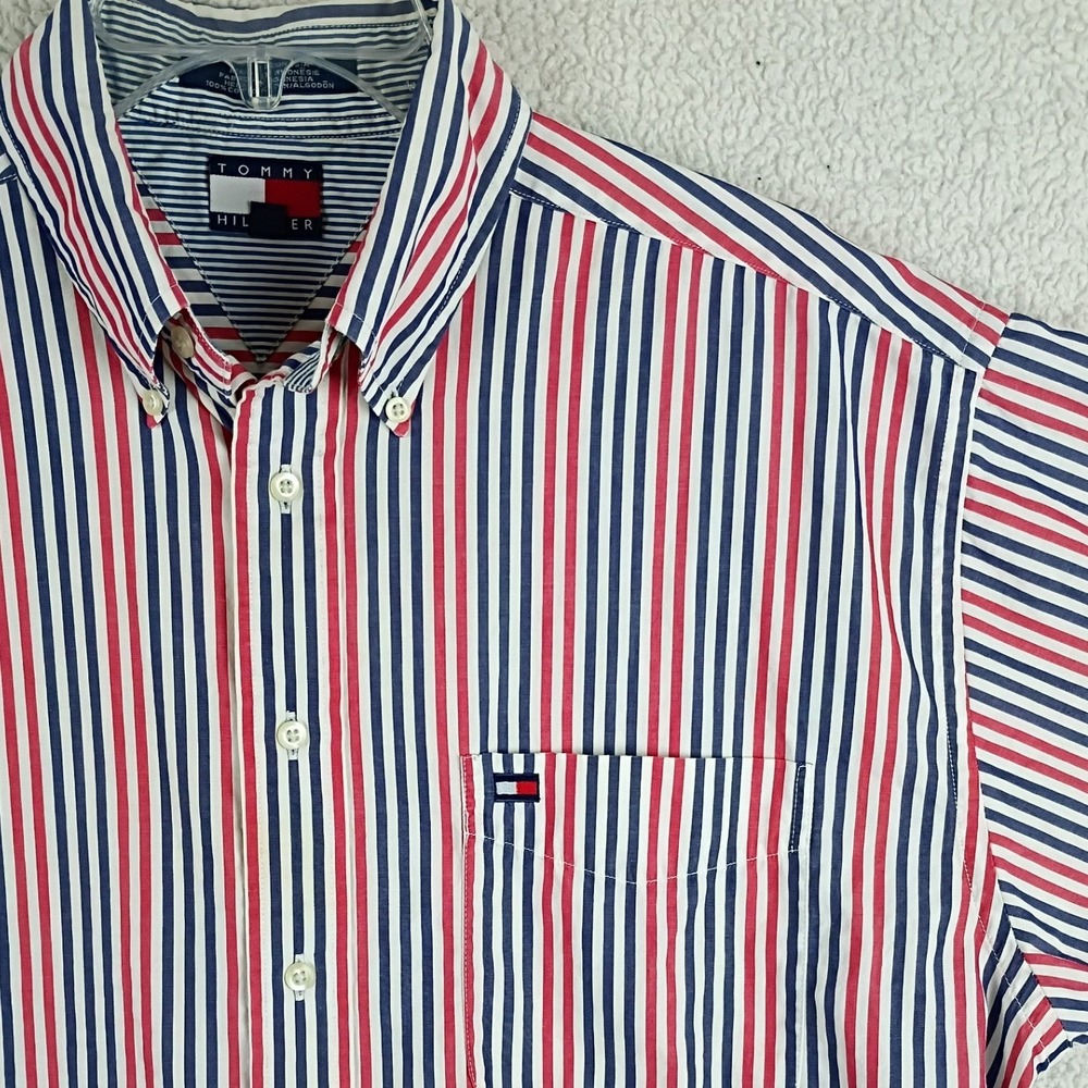 Vintage Tommy Hilfiger Striped Short Sleeve Button Down Mens M* Red White Blue